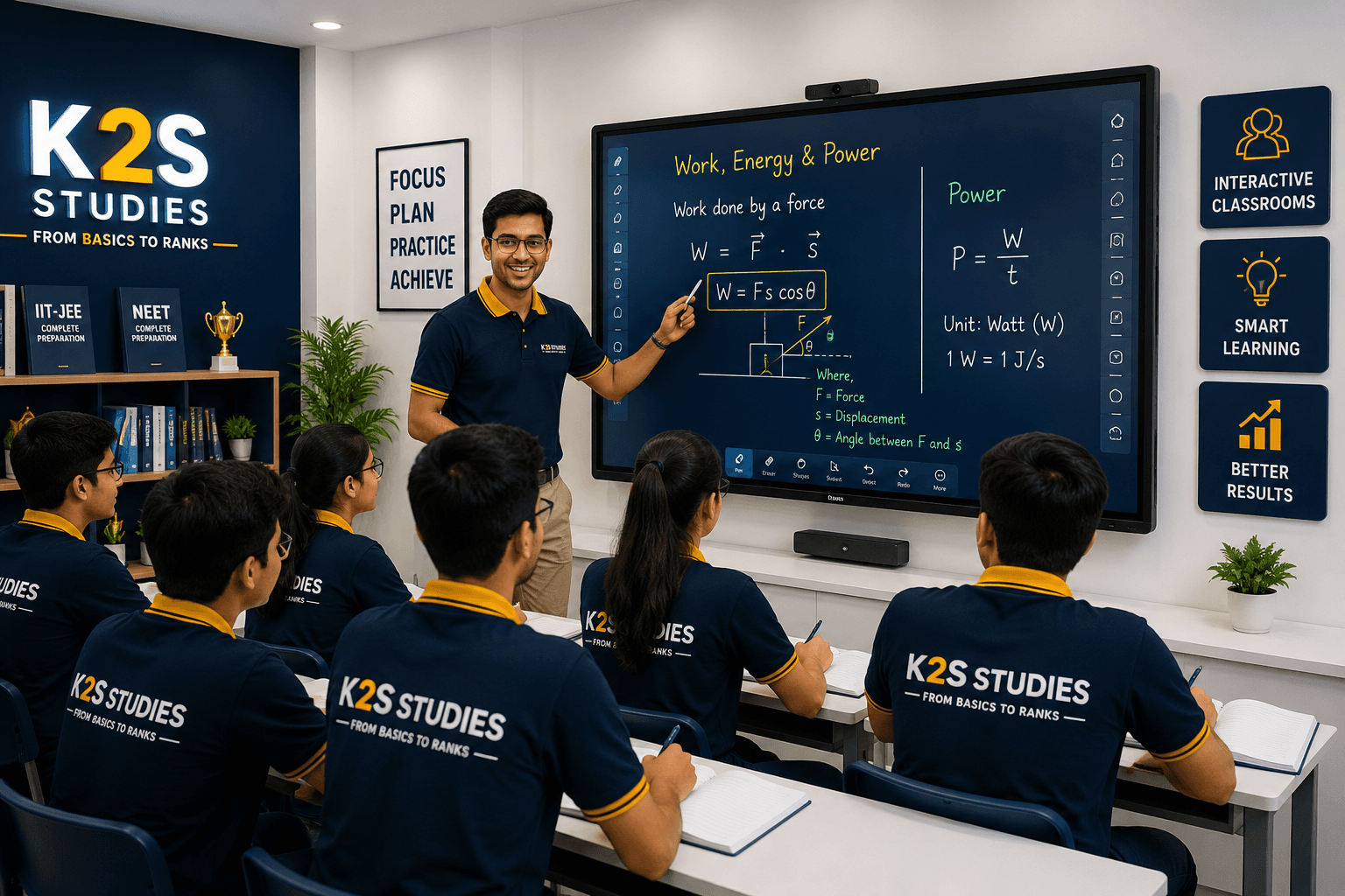 Interactive classroom — K2S faculty teaching engaged students with smart board learning