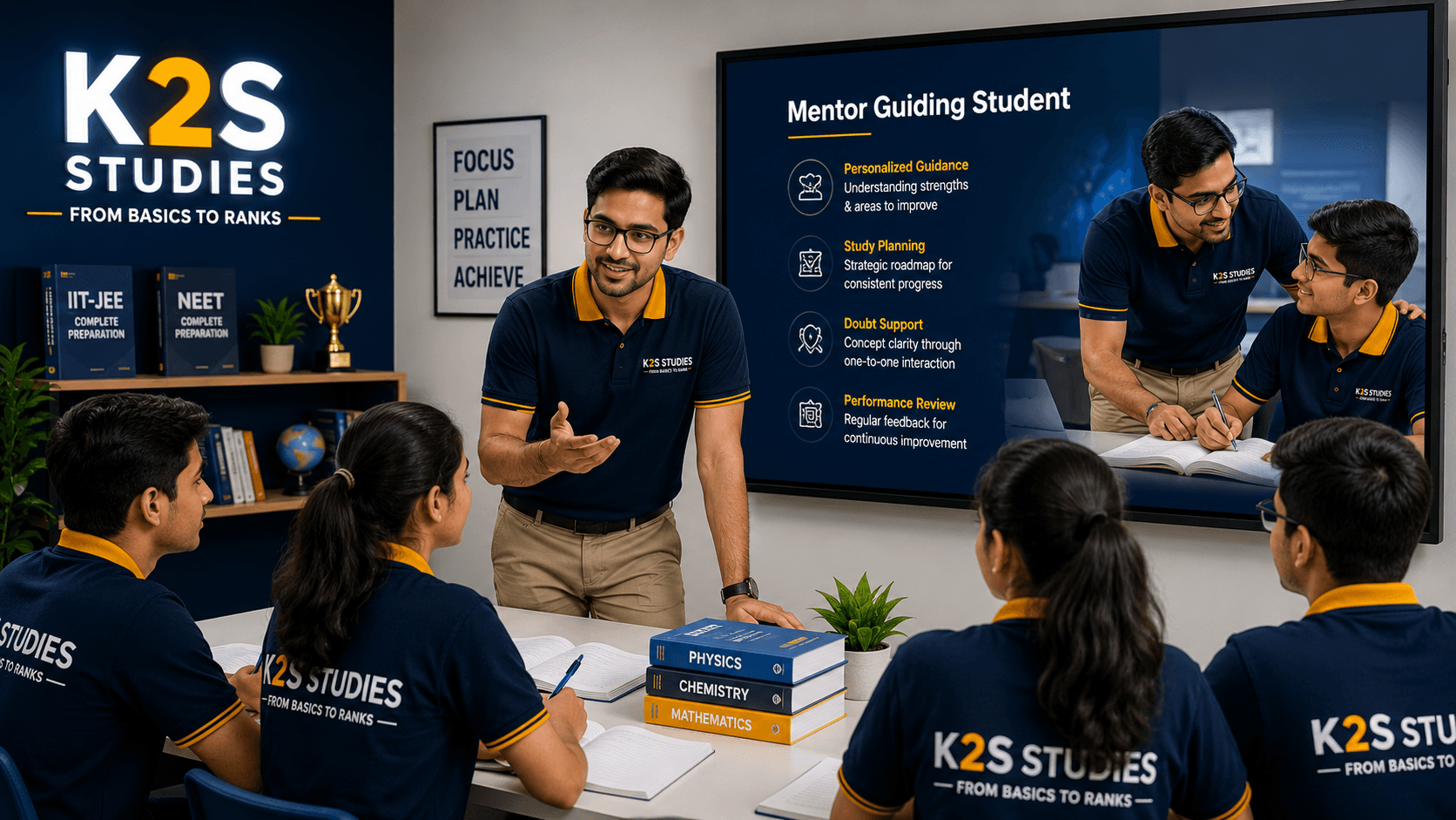 Mentor guiding students — personalized planning, doubt support, and performance review at K2S Studies