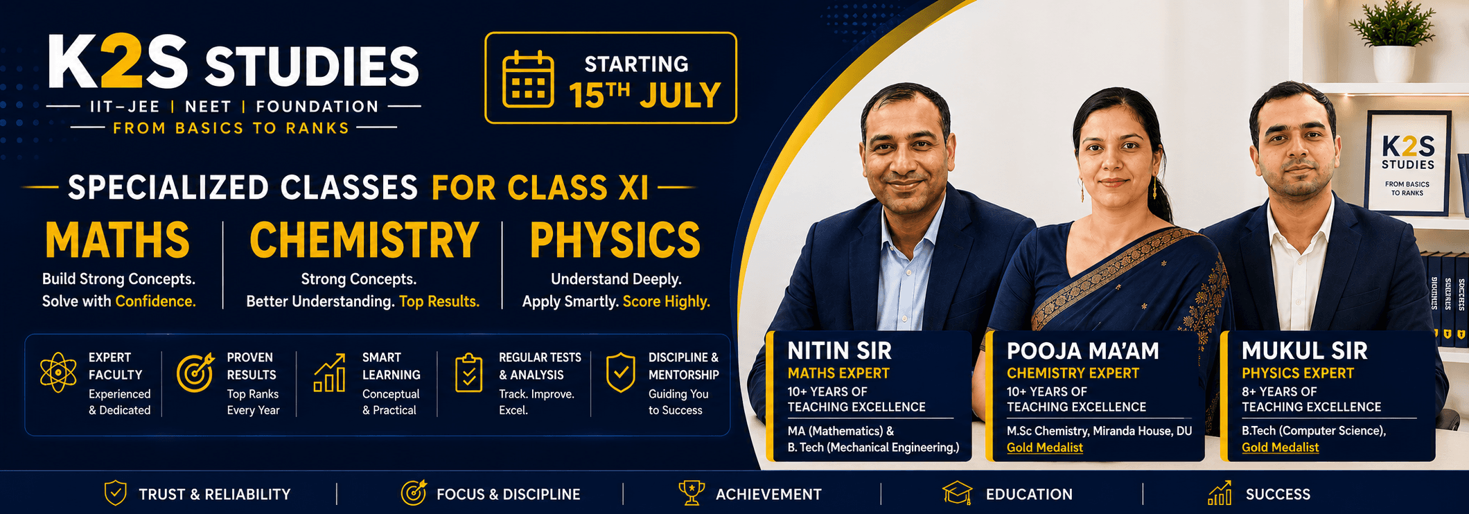 K2S specialised Class XI Maths, Chemistry and Physics classes — starting 15th July, admissions open