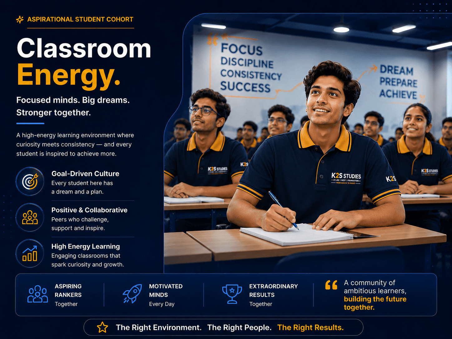 Aspirational student cohort — classroom energy, motivated minds, and extraordinary results at K2S Studies